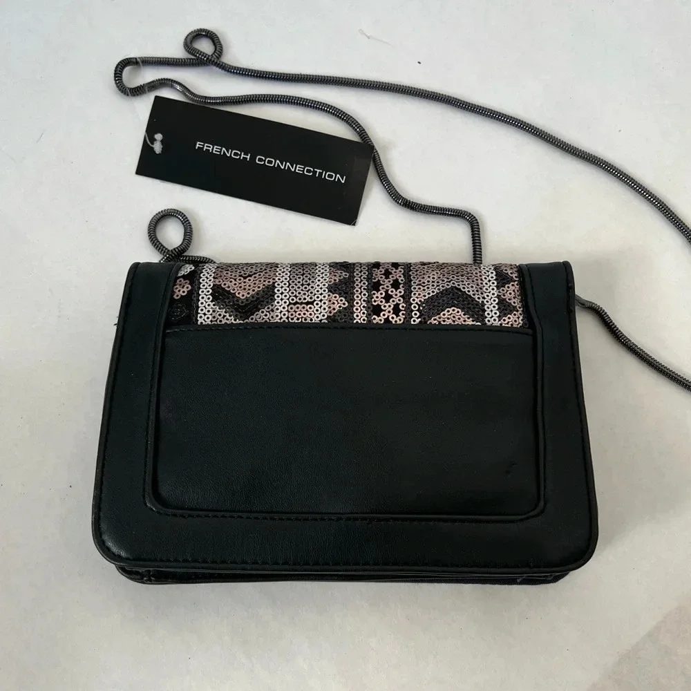 French Connection Chain Sequins Black Silver Crossbody Bag Clutch Purse